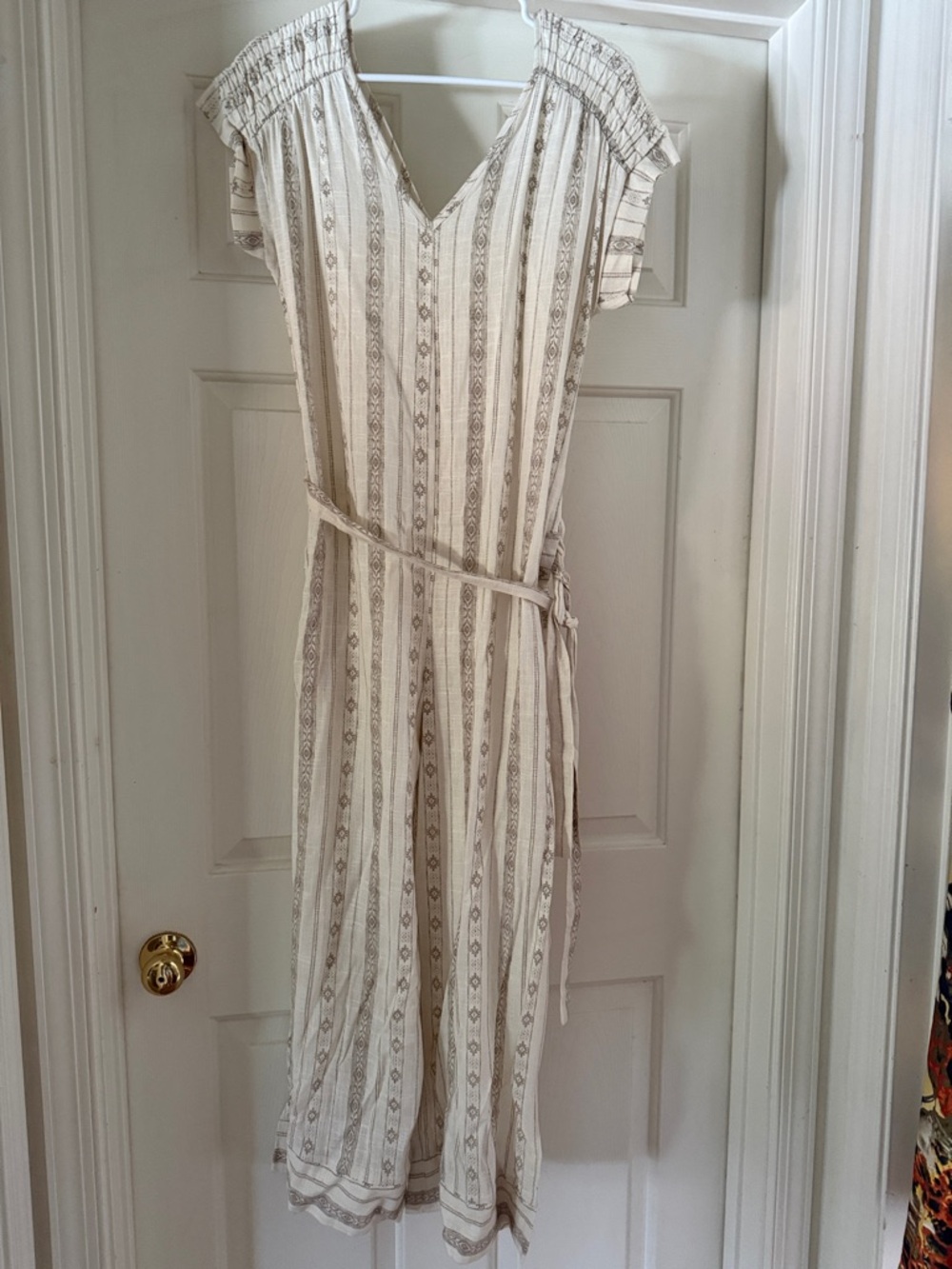 Monteau Cream and Taupe Striped V-Neck Jumpsuit